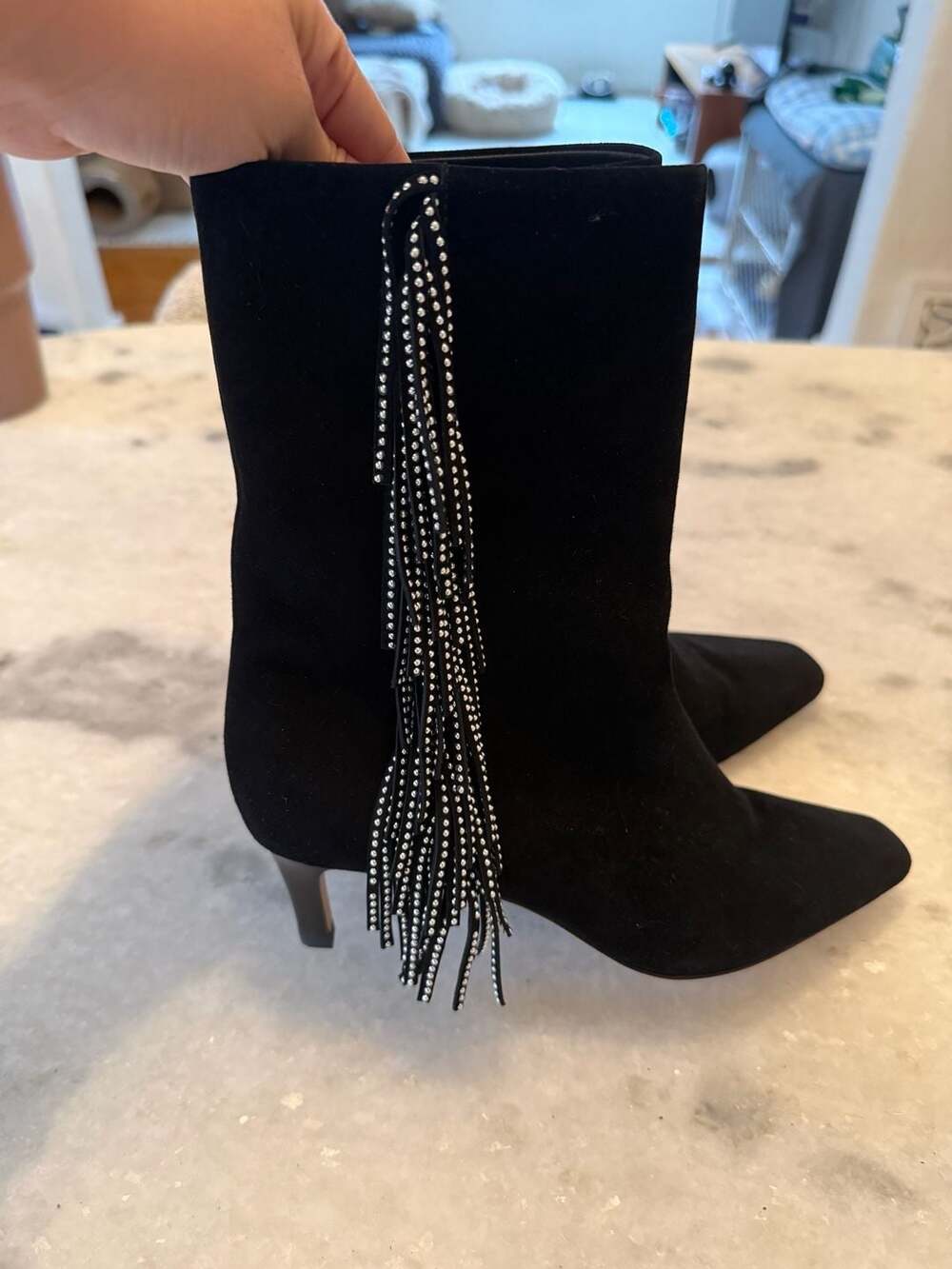 Paige Aya Black Suede Rhinestone Fringe Kitten Heel Boots Size 6